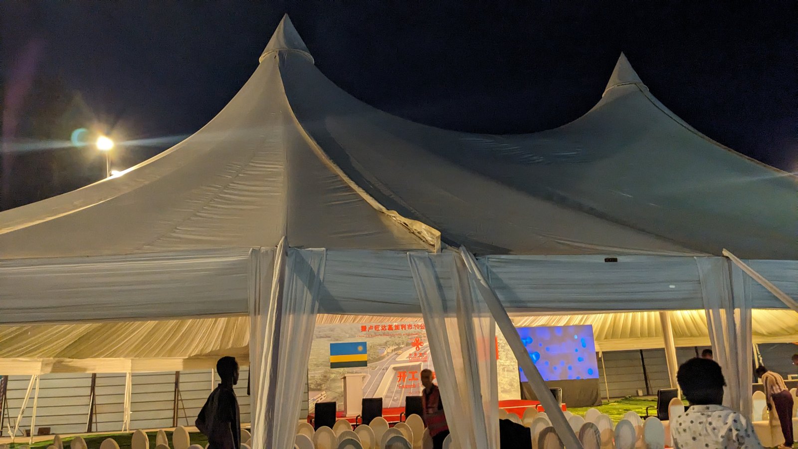 MAKITA tent peaks and chair setup before Prince House–Masaka road groundbreaking event